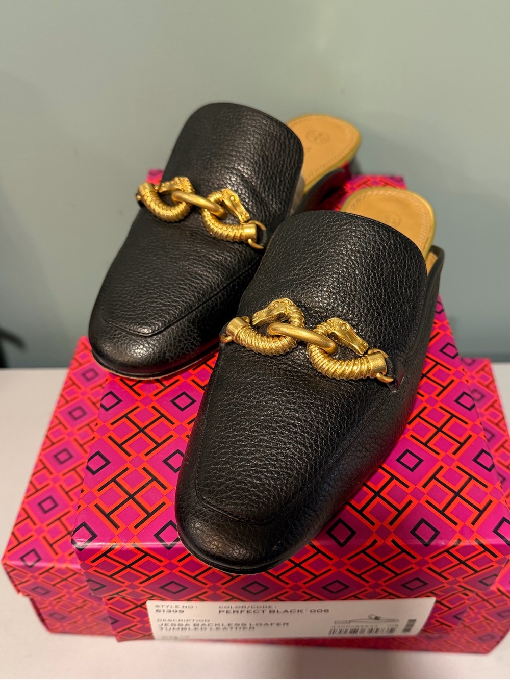 Tory Burch, Jessa Loafer, Black Leather Slip-On Mules with Gold Chain Accent Sz7